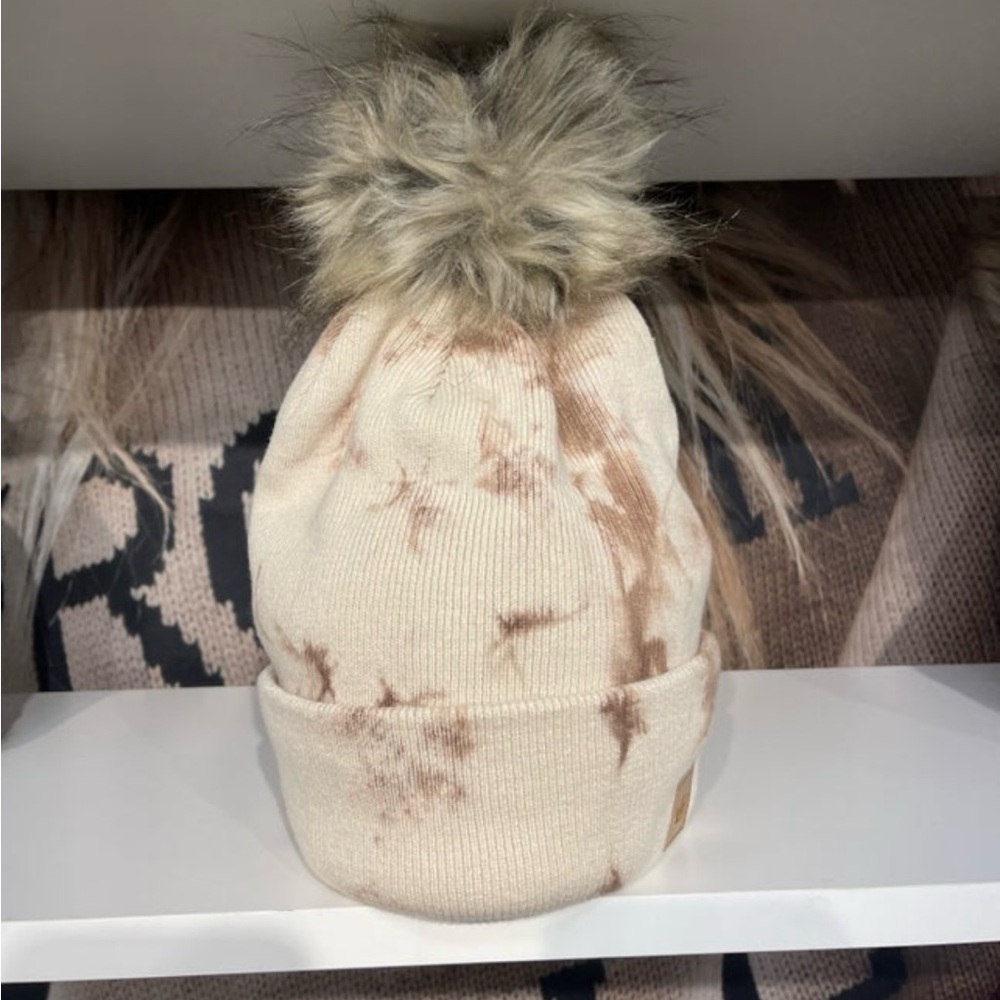 Panache Cream and Tan Fleece Lined Knit Tie Dye Beanie/Hat With Pom Accent